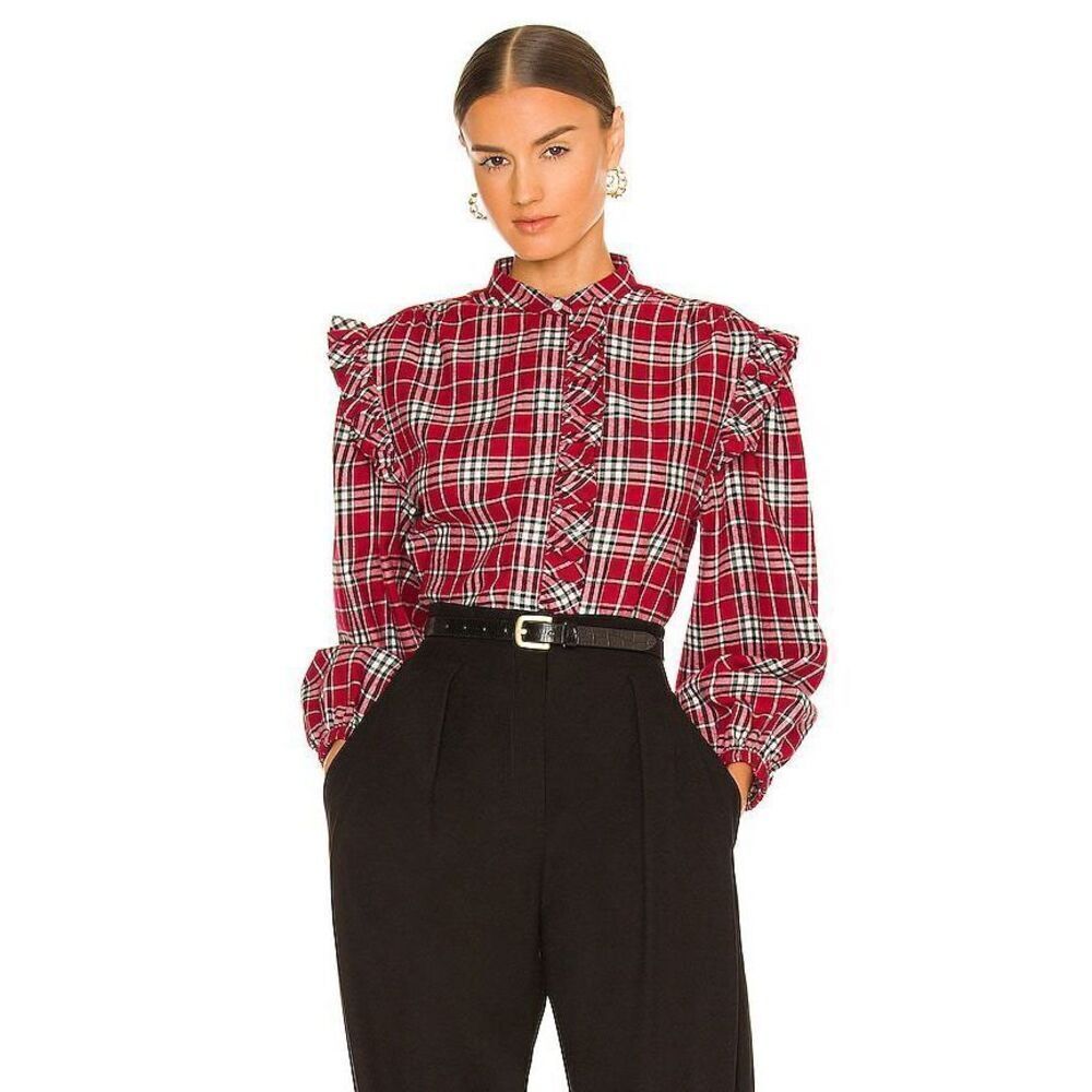 Something Navy Flannel Plaid Ruffle in Shirtred Small